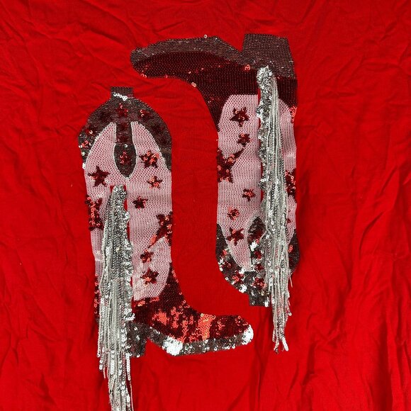 Red Blue b Collection Womens Sequin Cowboy Boot T-Shirt Size S - Picture 2 of 8